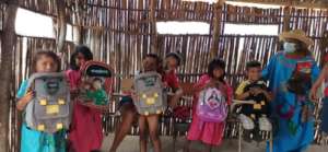 Showing off their new backpacks