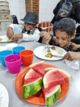 Students eating lunch after theater performance
