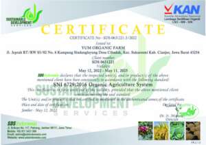 YUM Organic Farm certificate