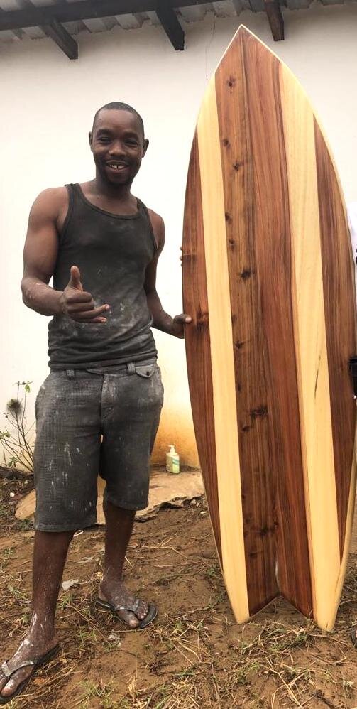 Manuel's most recent wooden surfboard