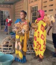 Workshop participants receiving chickens