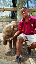Student helping with baby elephant rescue