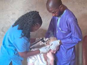 A health worker being trained in cryotherapy