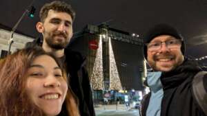 Giane, Alex, and Lev in front of ClujHUB Coworking