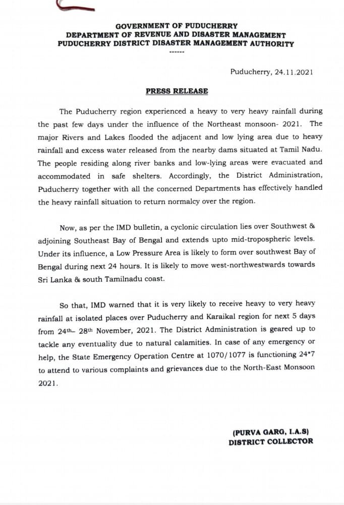 Flood relief for the people of Puducherry