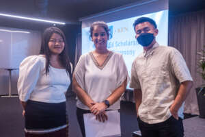 Our Scholarship Manger with scholars Kim and Oscar