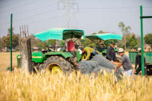 Unloading bundles of chain link fence.