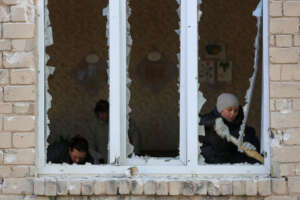 Broken window at School No. 105 after a shelling