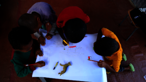 Children taking part in an interactive art event