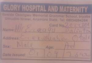 Registration card at Glory Hospital Nnewi