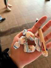 Candy from old woman at the shelter