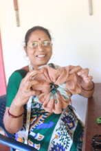Rajeshree finishing a scrunchie