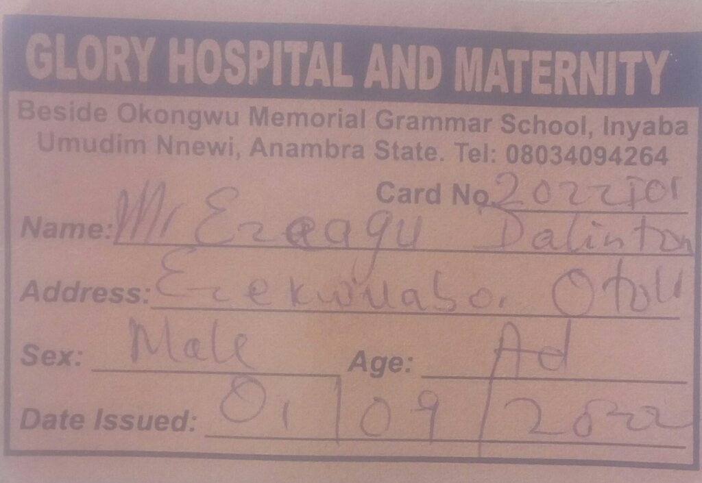 Registration card at Glory Hospital Nnewi