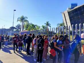 Students lined up to meet author