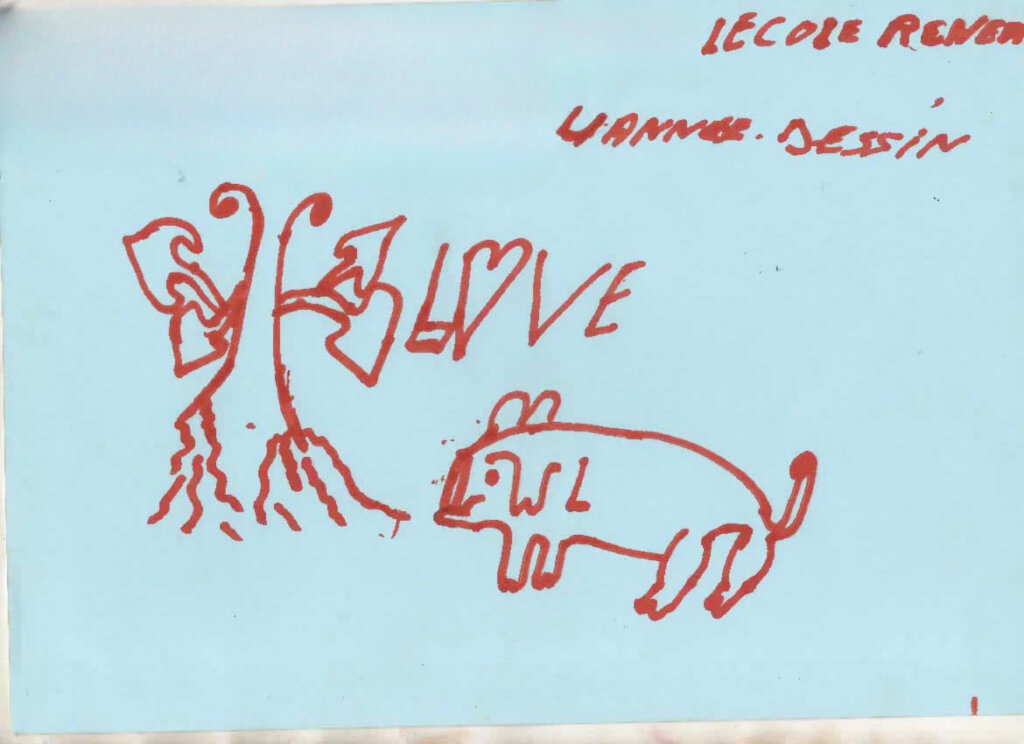 A child's drawing associates love with a hog.