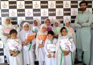 Smiling faces of girls who received free books