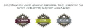 Badges we have earned on GlobalGiving