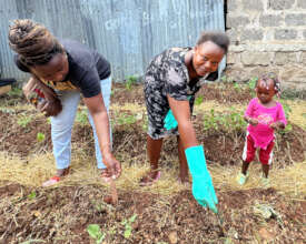 Stella, Valine and Keilah, 2, in Valine's garden