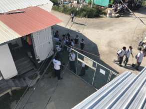 Looking downward on school walkways from roof