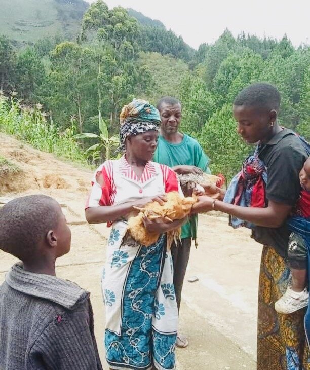 Ms. Nice vaccinates a farmer's chickens in Itoya