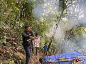 Making loud noises to encourage orangutan movement