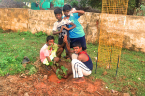 children planting