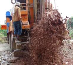 Truck mounted drilling rig in action