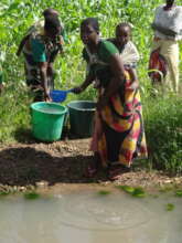 Women with babies at dirty water source