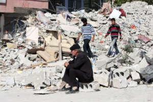 Buildings and houses turned into rubble