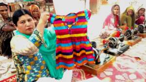 Cloths siewed by new women in learn sewing skills