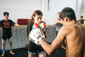 Estelle, director of YSR, boxing in Lesvos