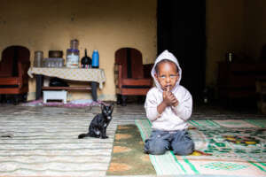 The village cat keeping Ousam company indoors