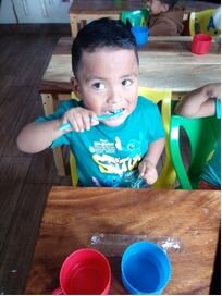 Student brushing teeth after snack