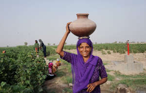 Taj Bibi carries water from the pump