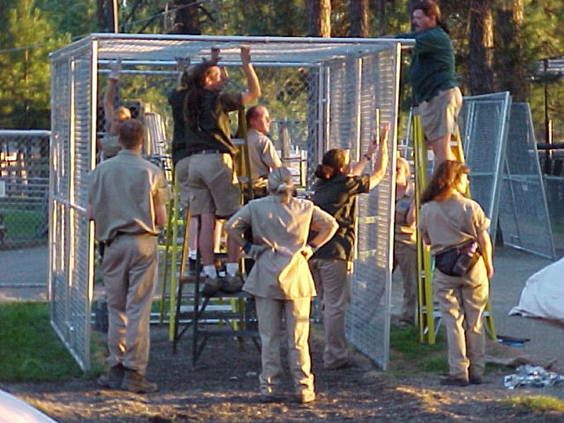 Volunteers building temporary holding