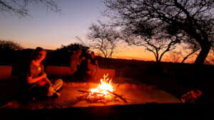 A campfire at sunset
