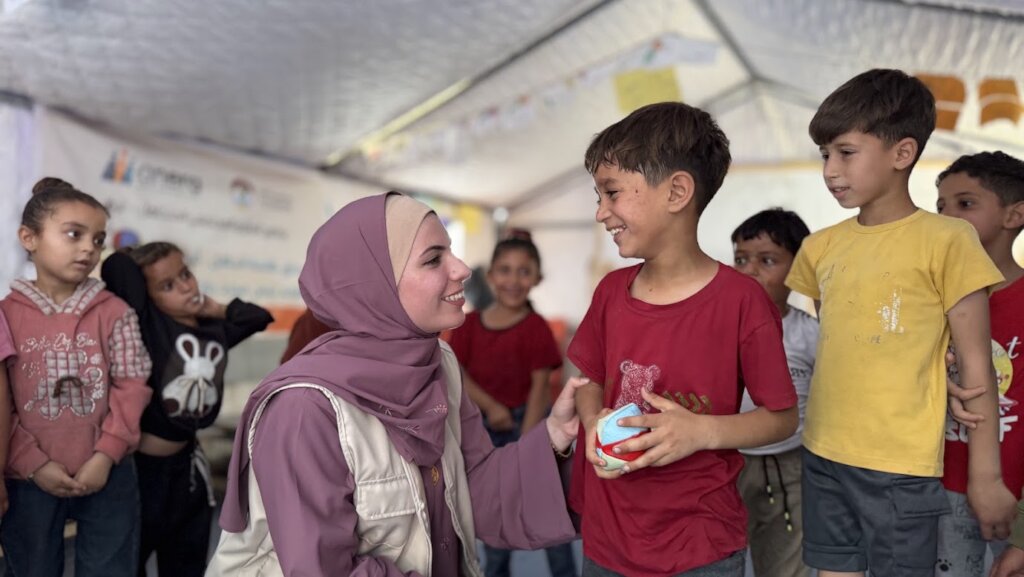 Students at a temporary learning space in Gaza