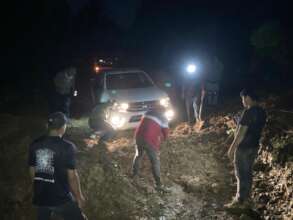 our car blocked by a landslide