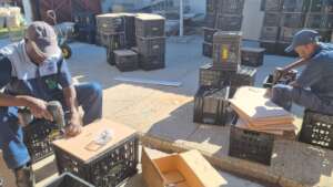 Staff hard at work fitting lids to 'cat carriers'