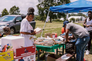 Picking out books at the Summer in the Park BBQ