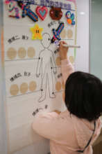 Child marking body map in workshop activity