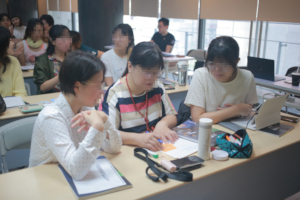 discussing education ideas during a workshop