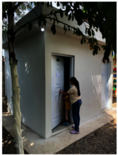 Our little student is going to use the new toilet