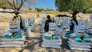 Caption: Food packages at the distribution site.