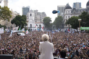 Estela Carlotto speaks in Plaza de Mayo