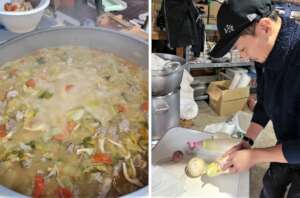 Serving a local dish full of vegetables at shelter
