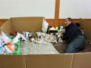 A man relaxing on a cardboard bed