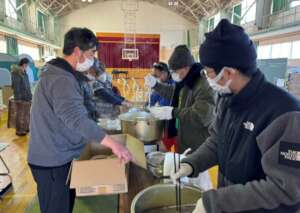 Kitsune udon noodle soup at an evacuation center