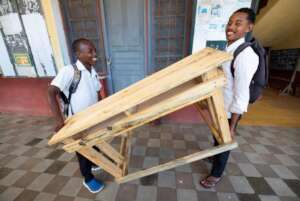 Students with a new desk-bench