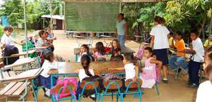 Under tents but we educate the children